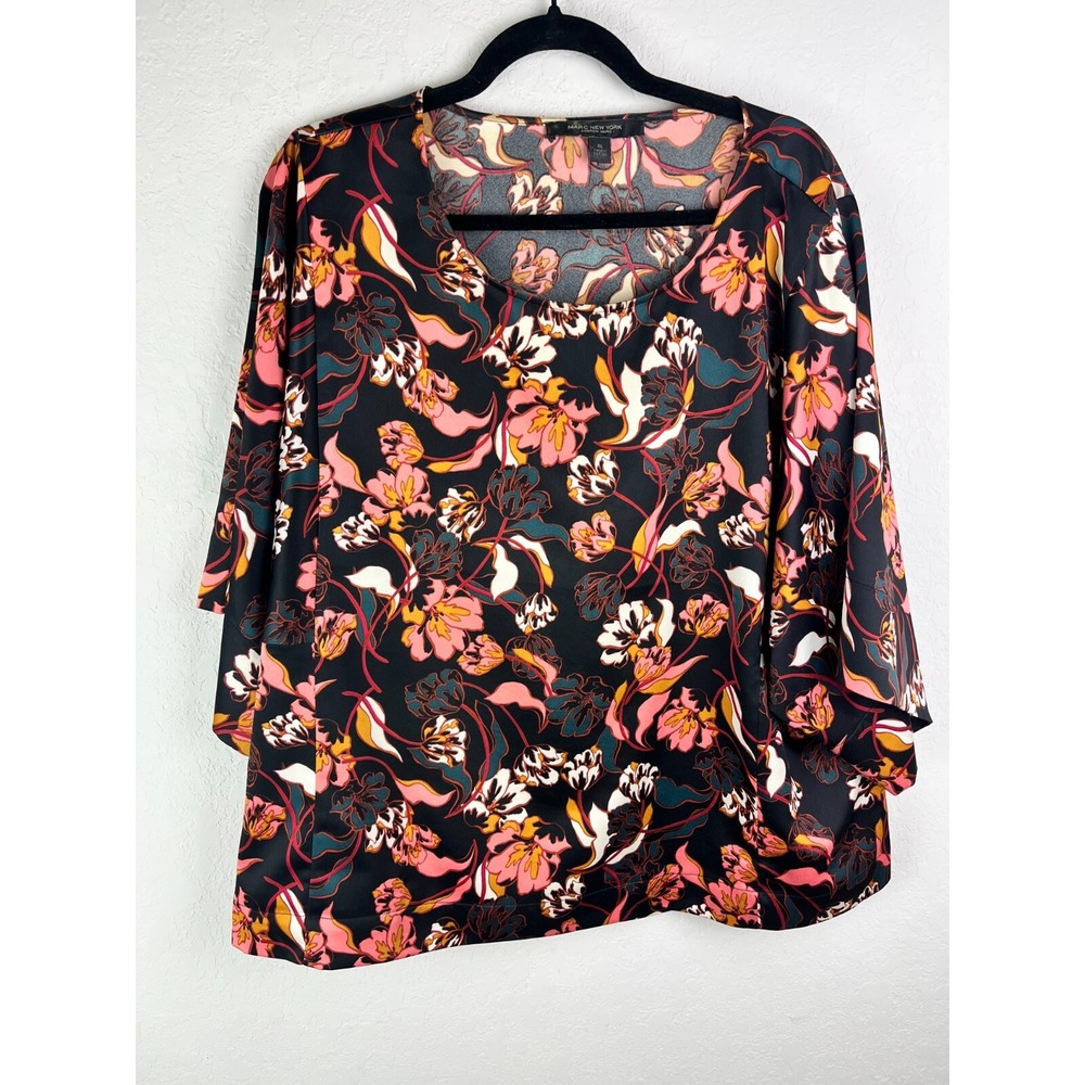 Marc New York Andrew XL Blouse Black‎ Pink Orange Floral Print 3/4 Sleeve Top